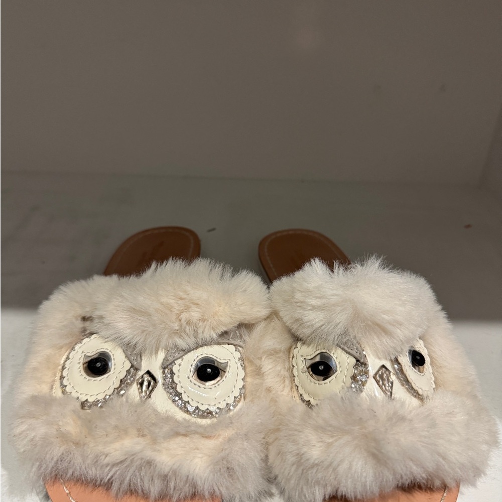 Kate Spade Cream Owl Faux Fur Slippers